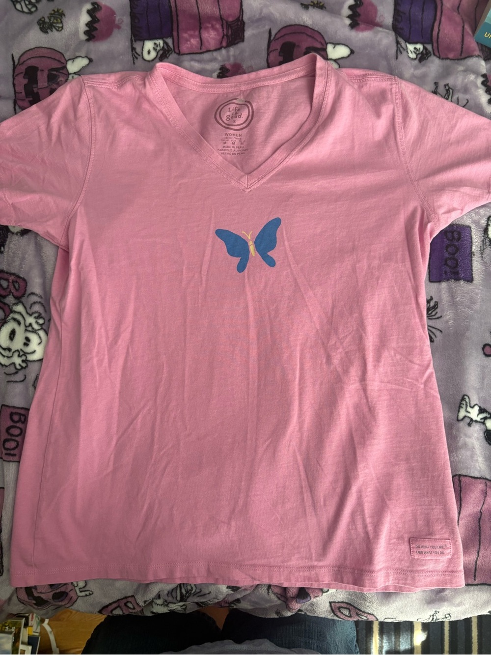 Life Is Good Pink Women's V-Neck Tee with Logo Print butterfly